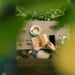 Person reading a book with coffee at a table.