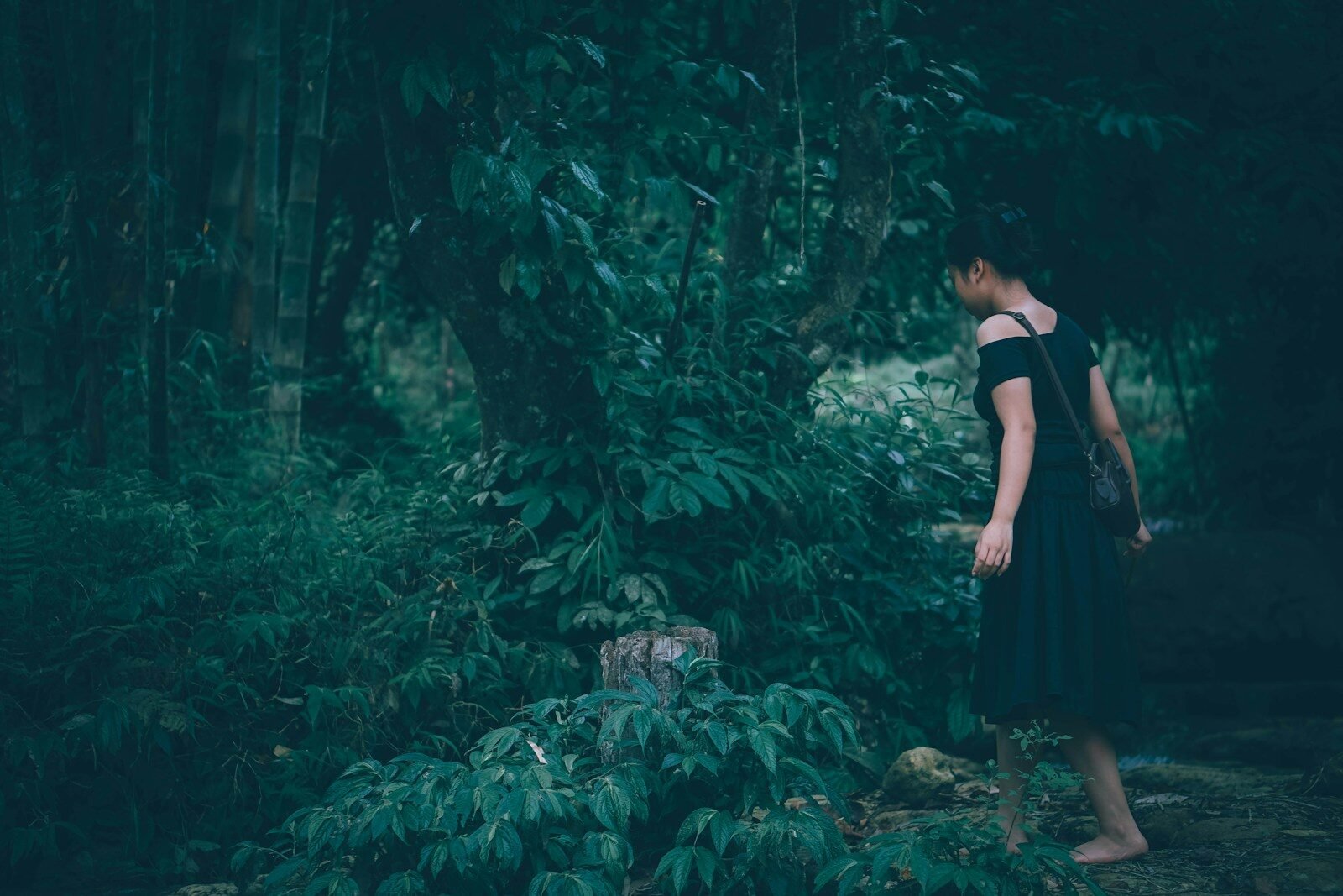 Woman walking through a dark, lush forest.