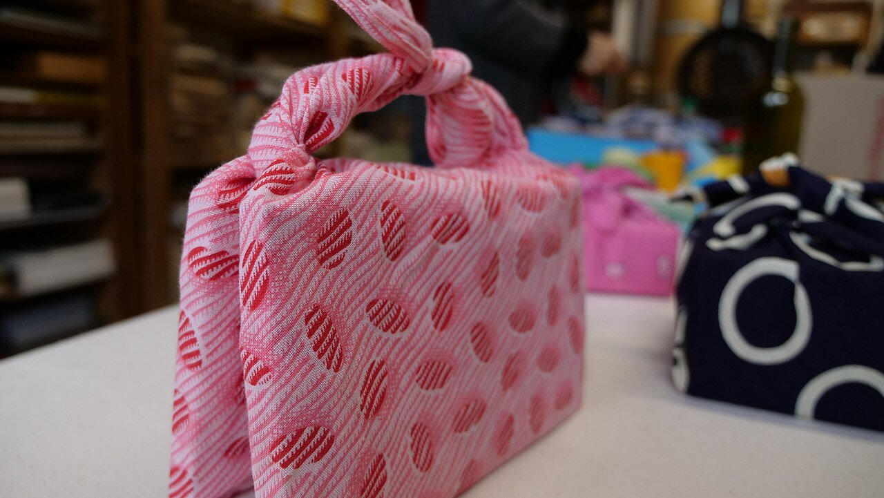 Japanese furoshiki cloth wrapping technique for a Kyoto craft workshop guide